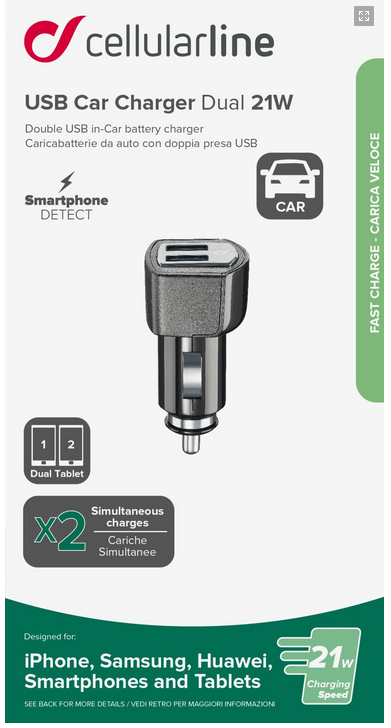 Levně Mini autonabíječka CellularLine Dual Plus s 2xUSB výstupem, 21W/4.2 A max, černá