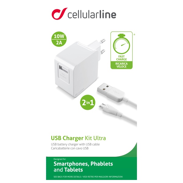 Cestovní nabíječka CellularLine s datovým kabelem a konektorem microUSB, 2A