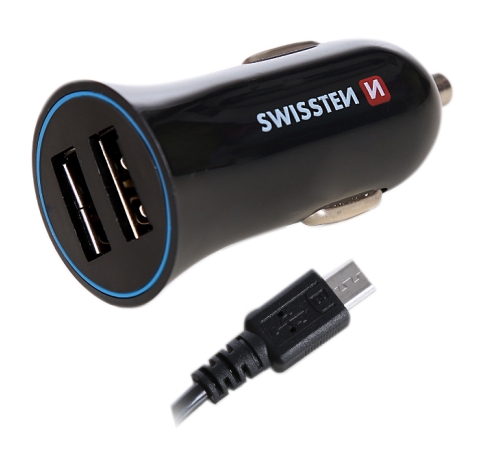 Nabíječka do auta Adapter CL SWISSTEN 2x USB + kabel 2,4A, černá (BLISTR)