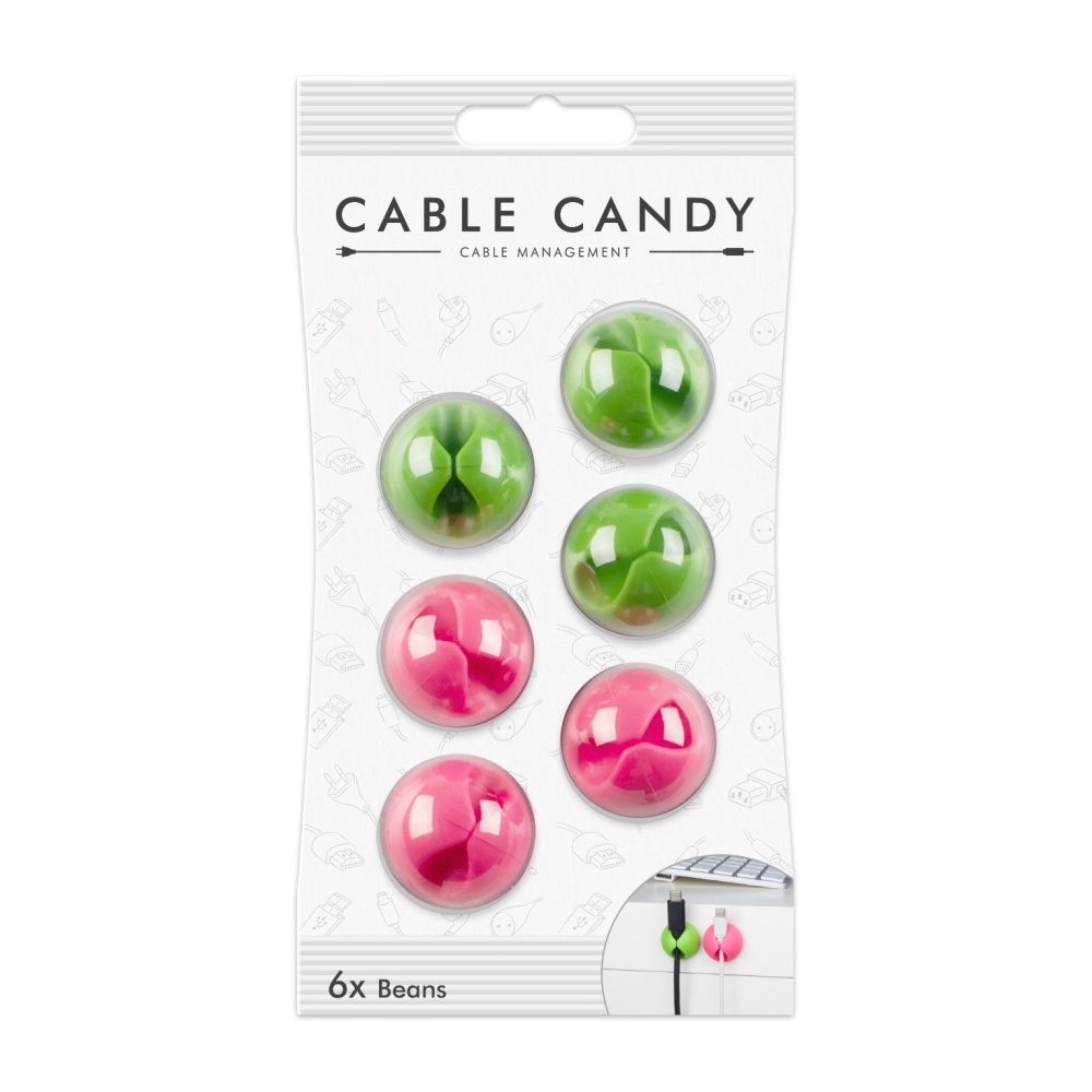 Kabelový organizér Cable Candy Beans, 6 ks, zelený a růžový