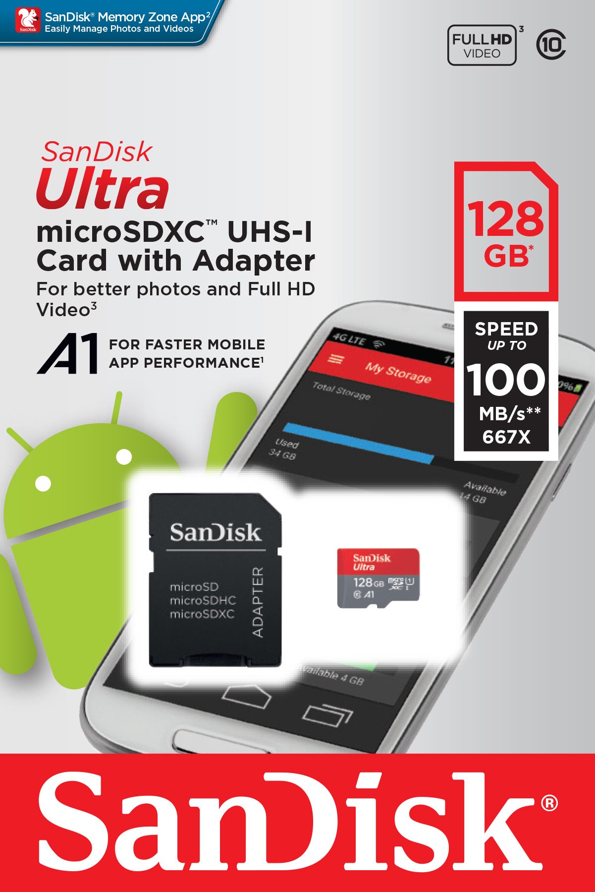 microSDXC 128GB Ultra Sandisk A1 Class 10 100MB/s vč. Adapteru (EU Blister)