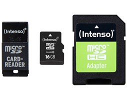 Paměťová karta Intenso 16GB microSDHC, class 10 + adaptér + USB čtečka
