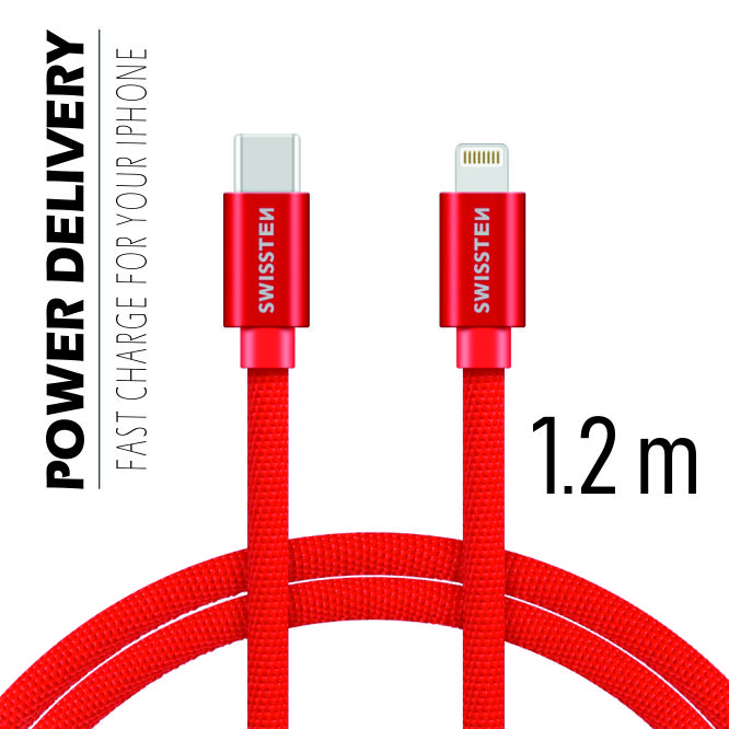 Levně Datový kabel Swissten Textile USB-C/ Lightning 1,2 M, red