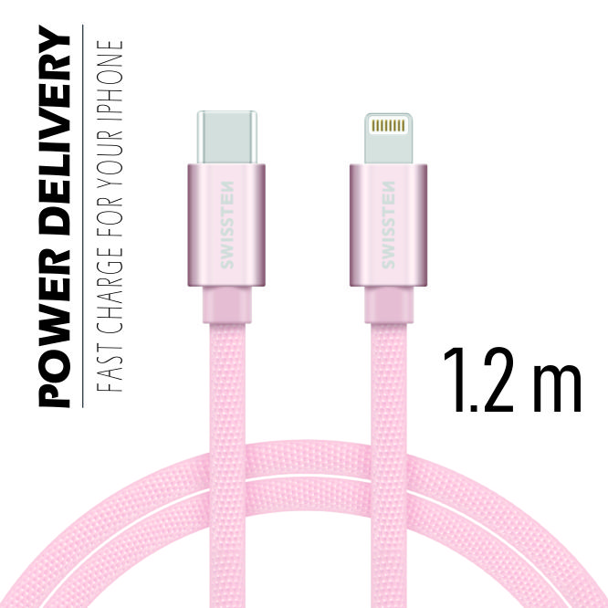 Levně Datový kabel Swissten Textile USB-C/ Lightning 1,2 M, pink gold