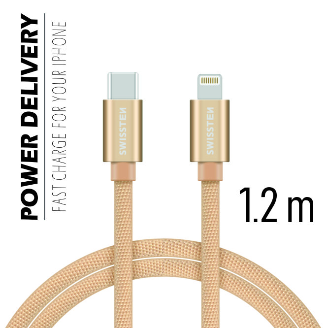 Datový kabel Swissten Textile USB-C/ Lightning 1,2 M,  gold