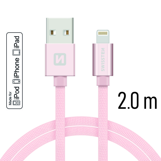 Datový kabel Swissten Textile USB Lightning MFi 2,0 M , pink gold