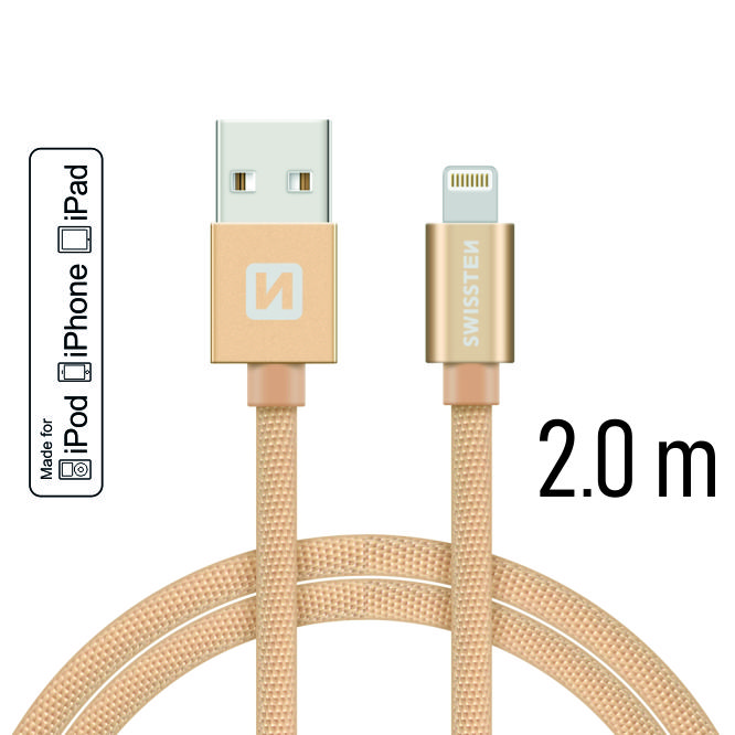 Levně Datový kabel Swissten Textile USB Lightning MFi 2,0 M , gold