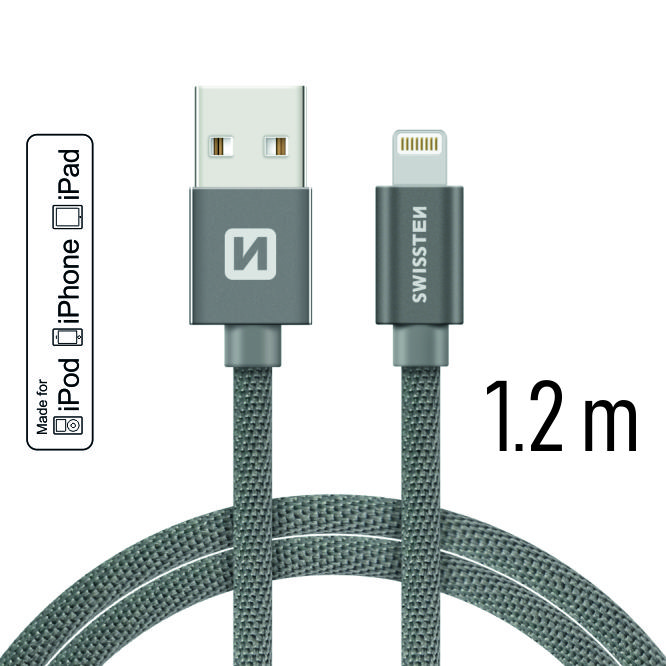 Datový kabel Swissten Textile USB Lightning MFi  1,2 M , grey