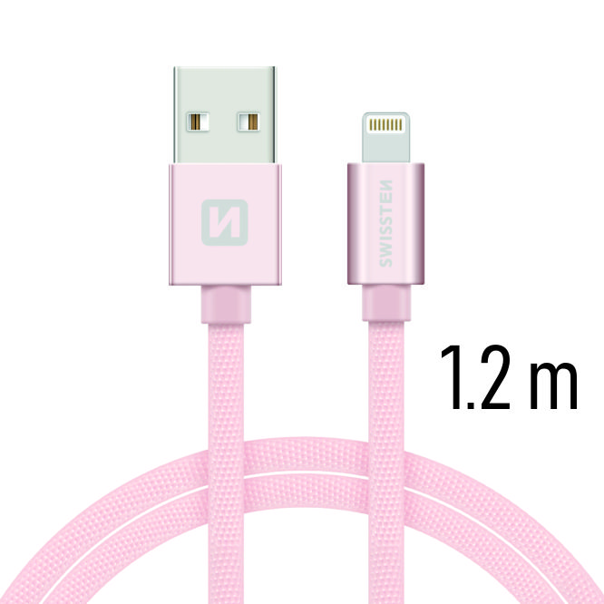 Levně Datový kabel Swissten Textile USB Lightning 1,2 M, pink gold