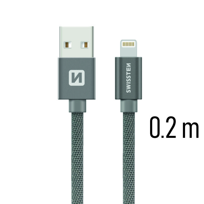 Levně Datový kabel Swissten Textile USB Lightning 0,2 M, grey