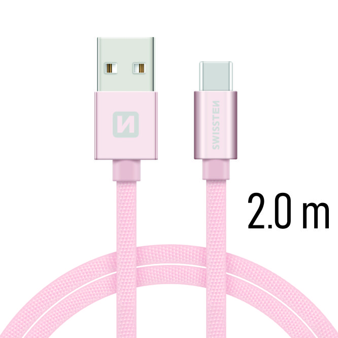 Levně Datový kabel Swissten Textile USB / USB-C 2 M, pink gold
