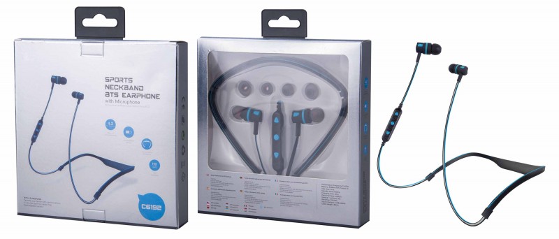 Bluetooth HF sluchátka do uší PLUS, s mikrofonem a tlačítkem C6192 sport na krk, černo-modrá