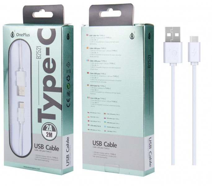 Datový a nabíjecí kabel PLUS B2521, USB-C, délka 2m, 2A, White