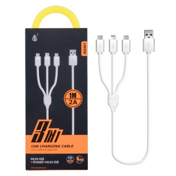 Nabíjecí kabel PLUS AU401, 2x Micro USB + 1x iPhone Lightning, délka 1m, 2A