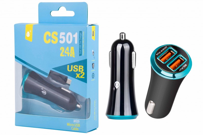 Nabíječka do auta PLUS s microUSB kabelem, 2x USB výstup, 2,4A (CS501), Blue