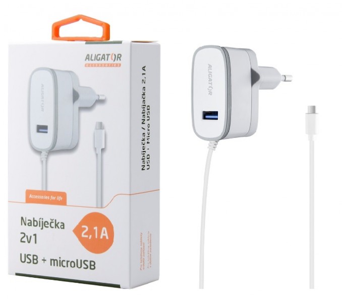 Nabíječka ALIGATOR MicroUSB s USB výst 5V/2,1A, White