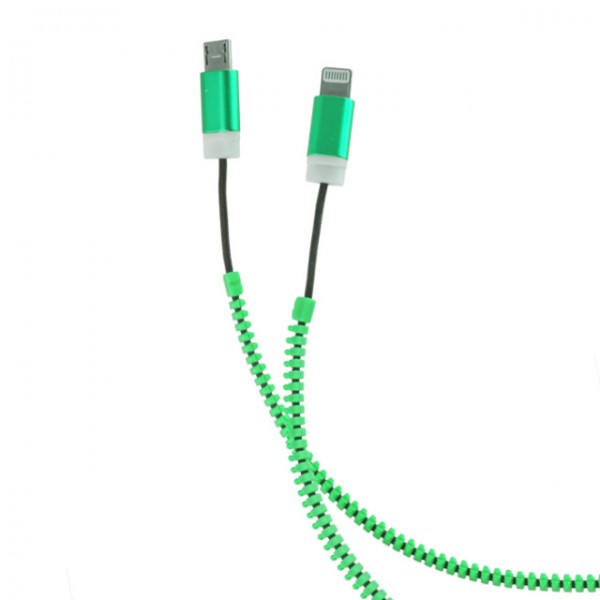 USB kabel ZIP 2in1 s konektory microUSB/iPhone5, green