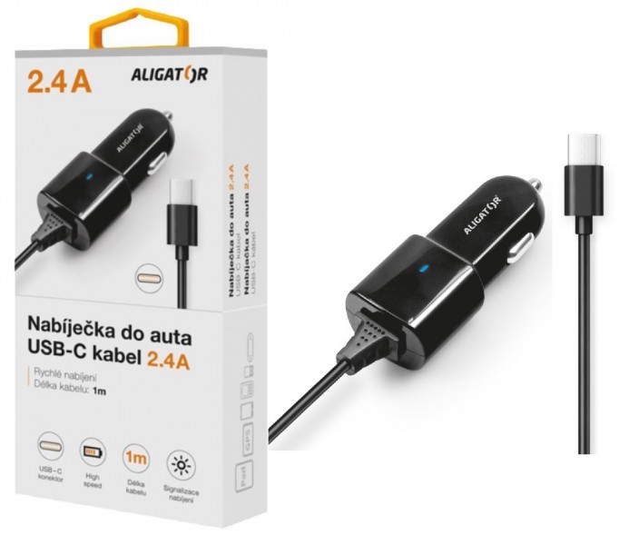 Levně Nabíječka do auta ALIGATOR USB-C, 2.4A, Turbo charge, Black