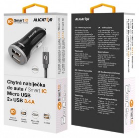 Nabíječka do auta ALIGATOR MicroUSB 2xUSB výst. 3.4A, smart IC, Black