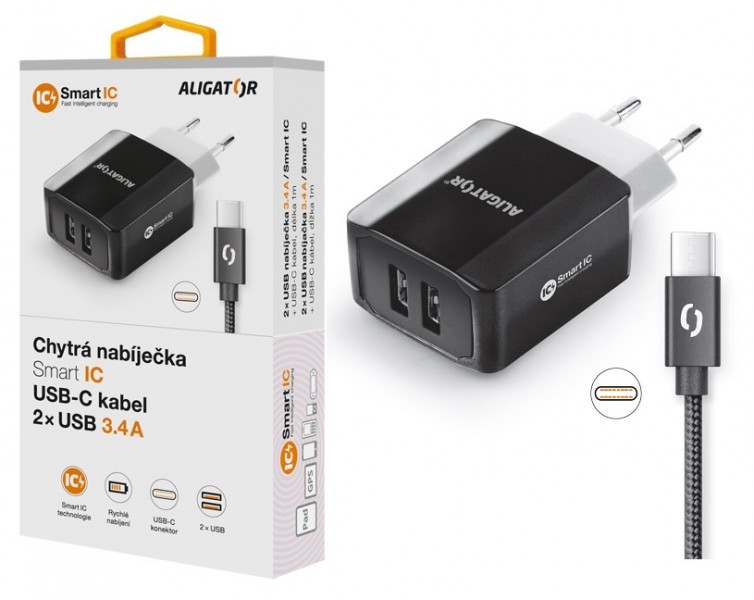 Nabíječka ALIGATOR USB-C 2xUSB výstup, 3.4A, smart IC, black