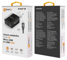 Nabíječka ALIGATOR MicroUSB 2xUSB výst. 3.4A, smart IC, černá
