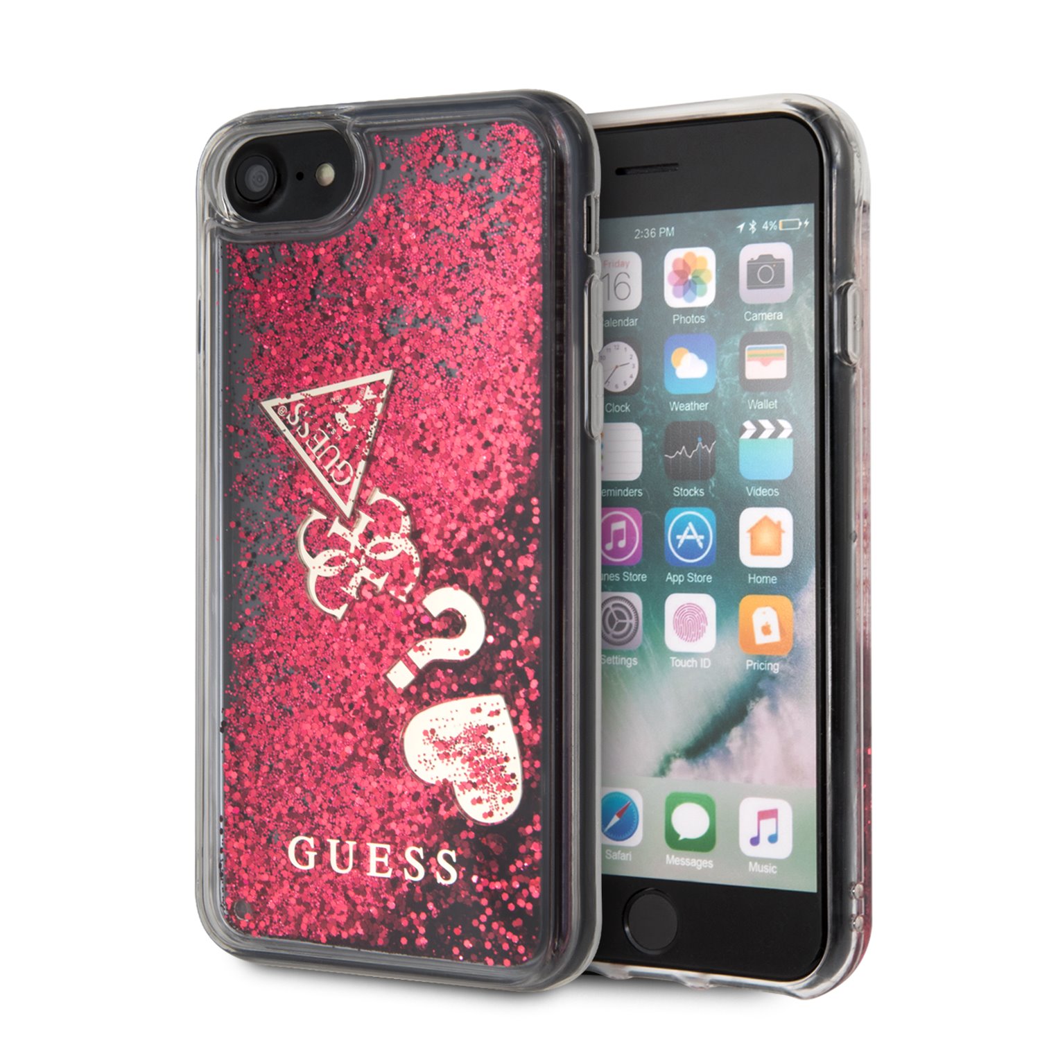 Guess New Glitter Hearts GUHCI8GLHFLRA Pouzdro pro Apple iPhone 8 rapsberry