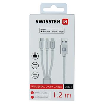 Levně Datový kabel Swissten textile 3in1, MFi, 1,2m, stříbrný