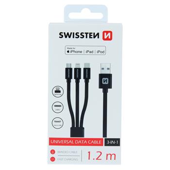 Levně Datový kabel Swissten Textile 3in1, MFi, 1,2m, černý