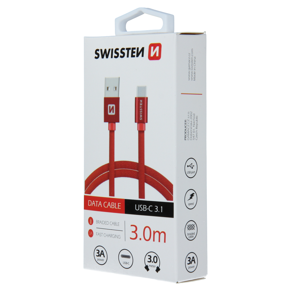 Levně Datový kabel Swissten Textile USB/USB-C, 3,0m, červený