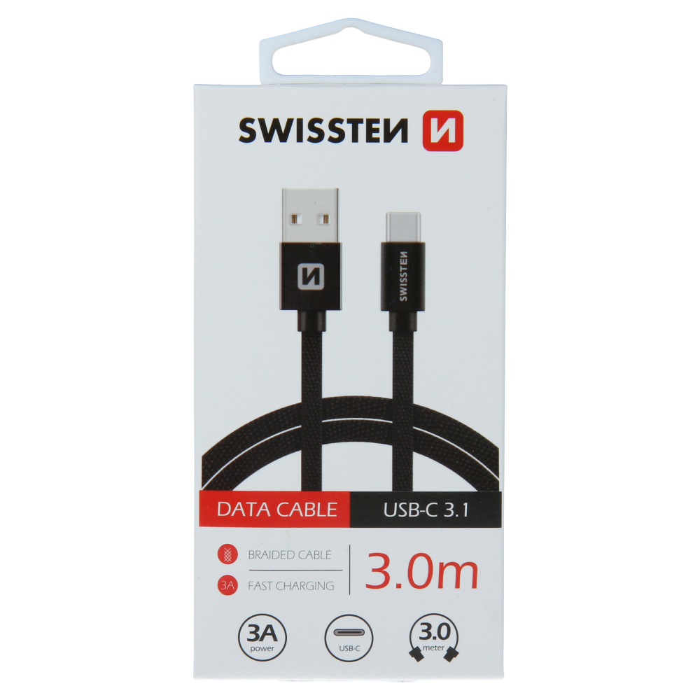 Datový kabel Swissten Textile USB/USB-C, 3,0m, černý