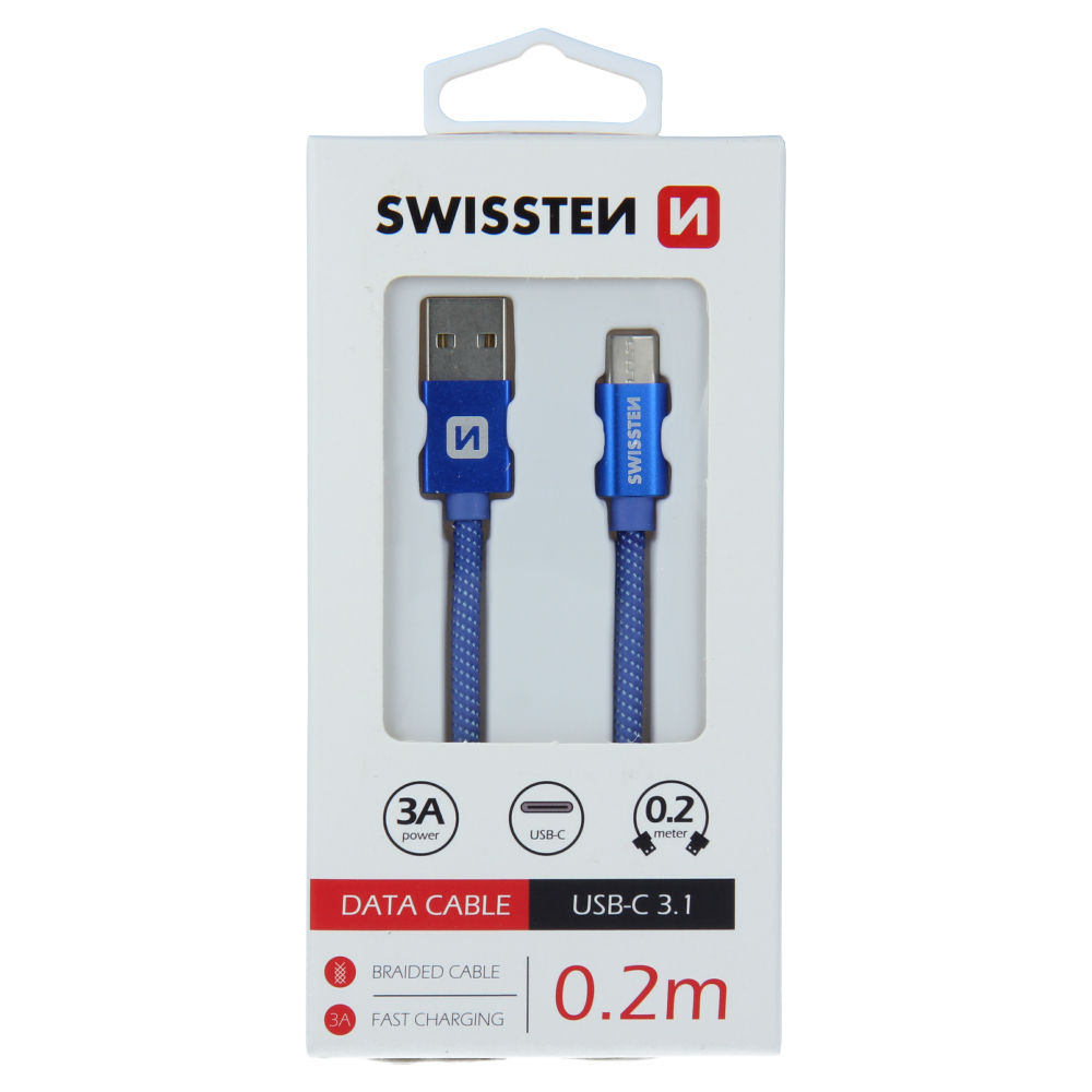 Levně Datový kabel Swissten Textile USB/USB-C, 0,2m, modrý