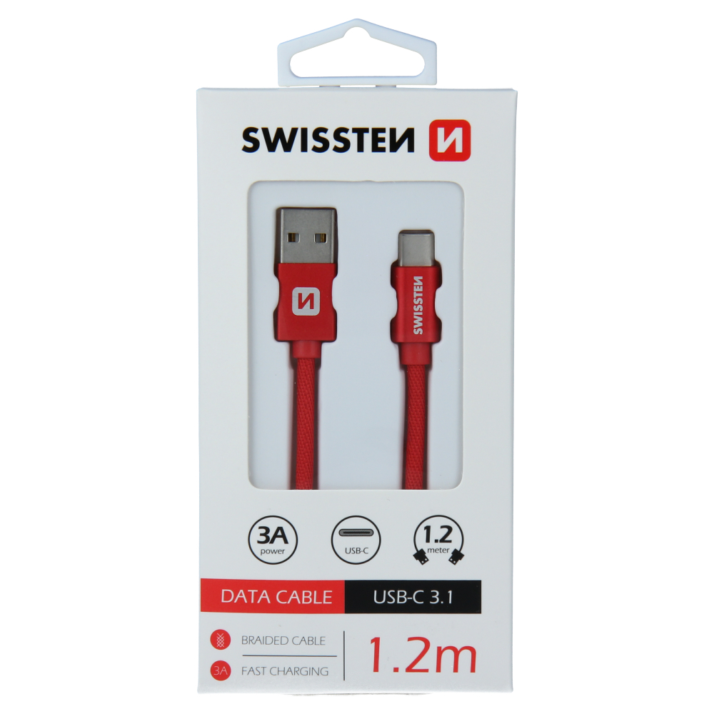 Levně Datový kabel Swissten Textile USB/USB-C, 1,2m, červený
