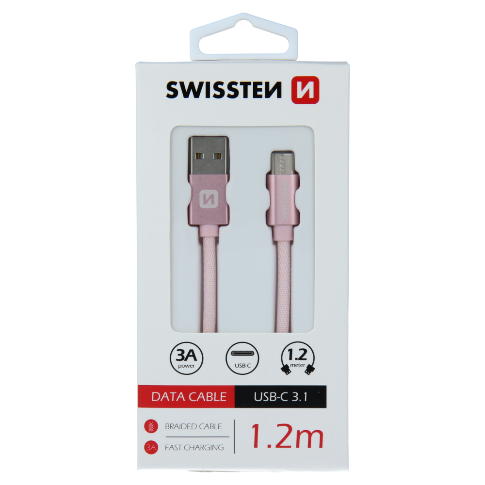 Levně Datový kabel Swissten Textile USB/USB-C, 1,2m, růžovo/zlatý