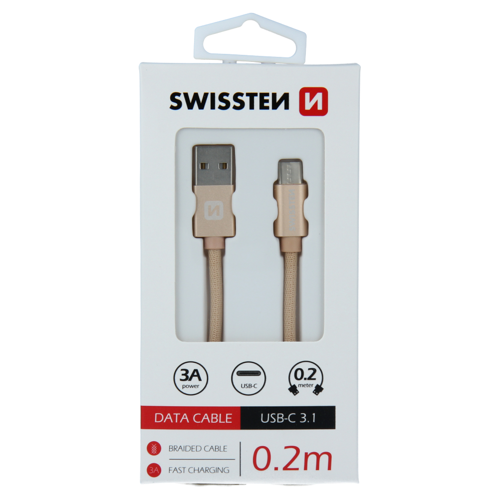 Levně Datový kabel Swissten Textile USB/USB-C, 0,2m, zlatý