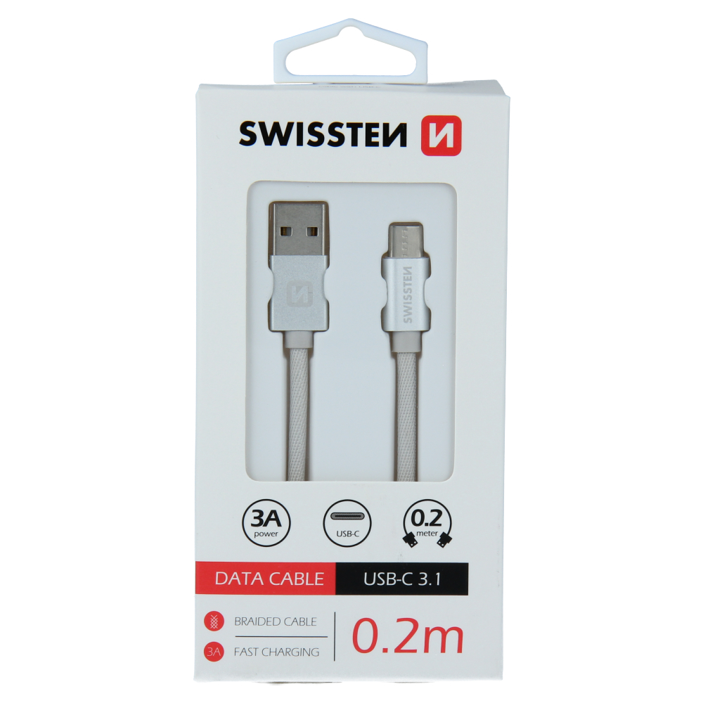 Datový kabel Swissten Textile USB/USB-C, 0,2m, stříbrný