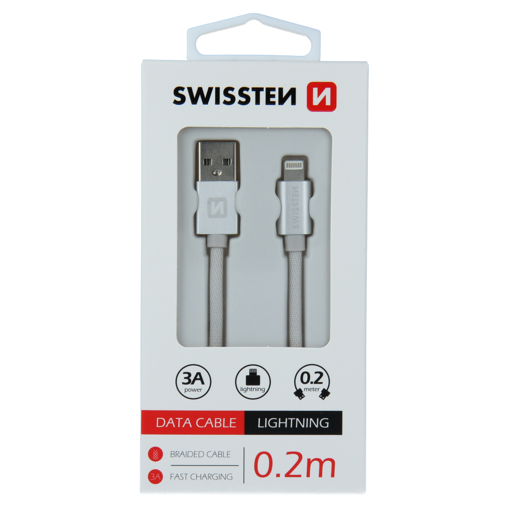 Levně Datový kabel Swissten Textile USB/Lightning, 0,2m, stříbrný