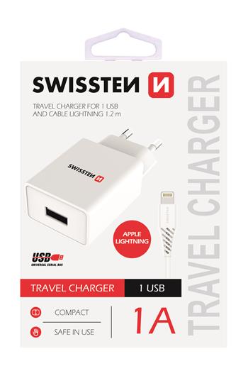SWISSTEN SÍŤOVÝ ADAPTÉR SMART IC 1x USB 1A POWER + DATOVÝ KABEL USB / LIGHTNING 1,2 M, BÍLÁ