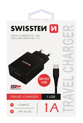 SWISSTEN SÍŤOVÝ ADAPTÉR SMART IC 1x USB 1A POWER + DATOVÝ KABEL USB / MICRO USB 1,2 M, ČERNÁ