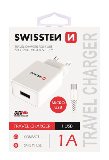 SWISSTEN SÍŤOVÝ ADAPTÉR SMART IC 1x USB 1A POWER + DATOVÝ KABEL USB / MICRO USB 1,2 M, BÍLÁ