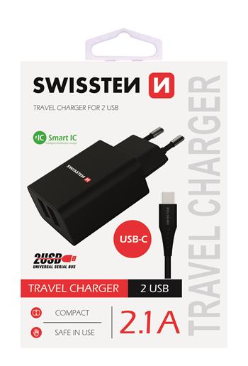 Levně SWISSTEN SÍŤOVÝ ADAPTÉR SMART IC 2x USB 2,1A POWER + DATOVÝ KABEL USB / TYPE C 1,2 M, ČERNÁ