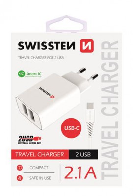SWISSTEN SÍŤOVÝ ADAPTÉR SMART IC 2x USB 2,1A POWER + DATOVÝ KABEL USB / TYPE C 1,2 M, BÍLÁ