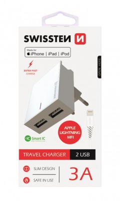 SWISSTEN SÍŤOVÝ ADAPTÉR SMART IC 2x USB 3A POWER + DATOVÝ KABEL USB / LIGHTNING MFi 1,2 M, BÍLÁ