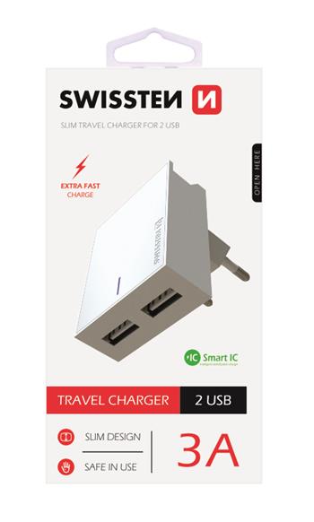 SWISSTEN SÍŤOVÝ ADAPTÉR SMART IC 2x USB 3A POWER, BÍLÁ