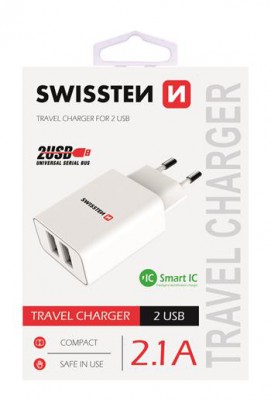 SWISSTEN SÍŤOVÝ ADAPTÉR SMART IC 2x USB 2,1A POWER, BÍLÁ