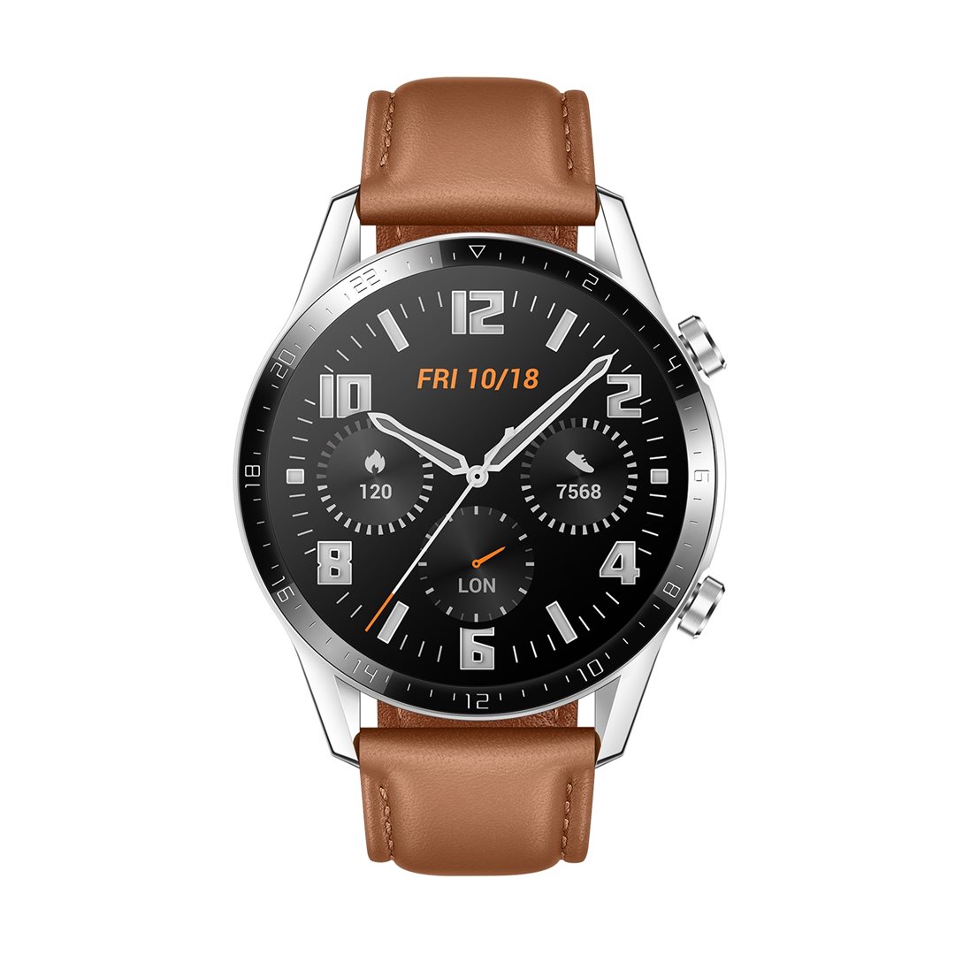 Huawei Watch GT 2 stříbrná, Hnědý kožený pásek