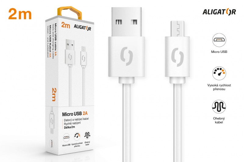 Datový kabel ALIGATOR 2A micro USB 2m, bílá