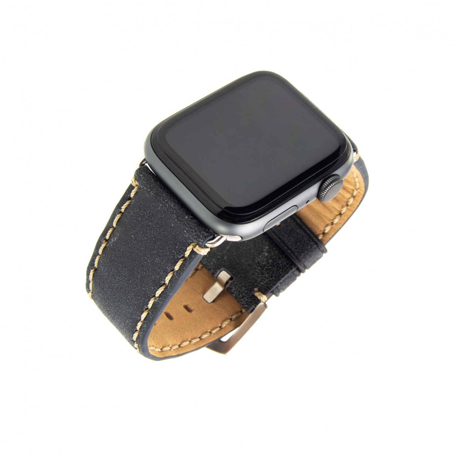 Kožený řemínek FIXED Berkeley pro Apple Watch 42 mm a 44 mm se stříbrnou sponou, velikost L, uhlově černý