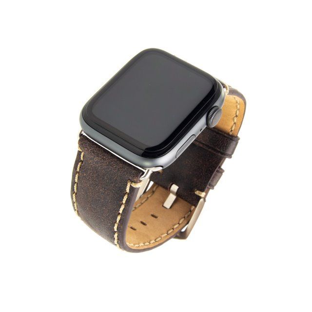Kožený řemínek FIXED Berkeley pro Apple Watch 42 mm a 44 mm se stříbrnou sponou, velikost L, uhlově hnědý