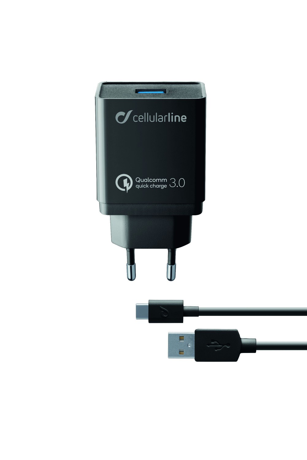 Nabíjecí set USB adaptéru a USB-C kabelu Cellularline, Qualcomm® Quick Charge™ 3.0, 18W, černá