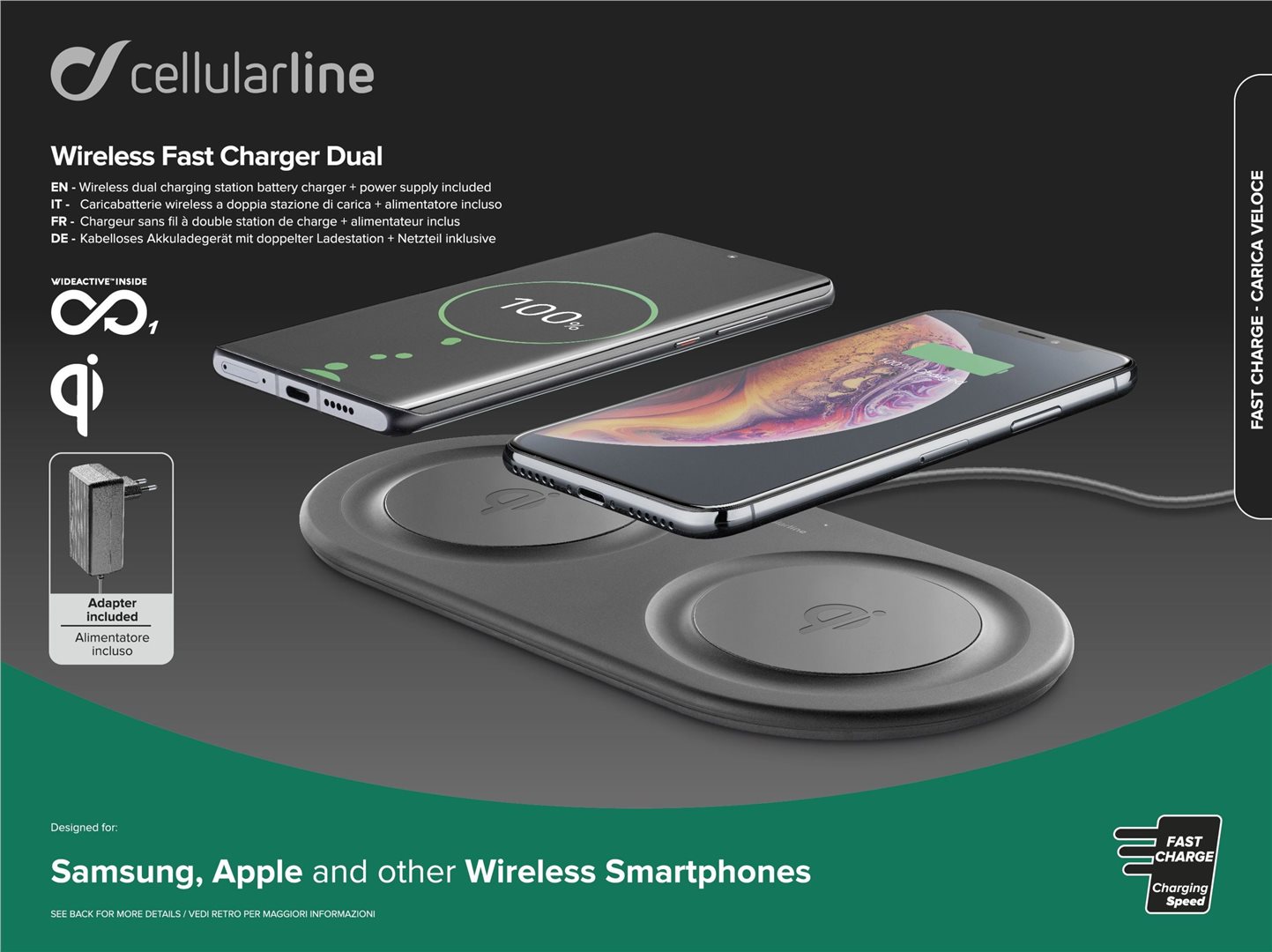 Bezdrátová QI stanice Cellularline Wireless Fast Charger Dual, 2 x 10W, černá